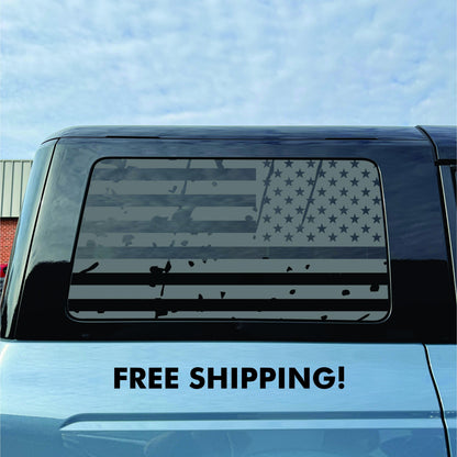 2021–2026 Ford Bronco 4-Door Quarter Window Decal USA Distressed Flag – Matte Black Vinyl