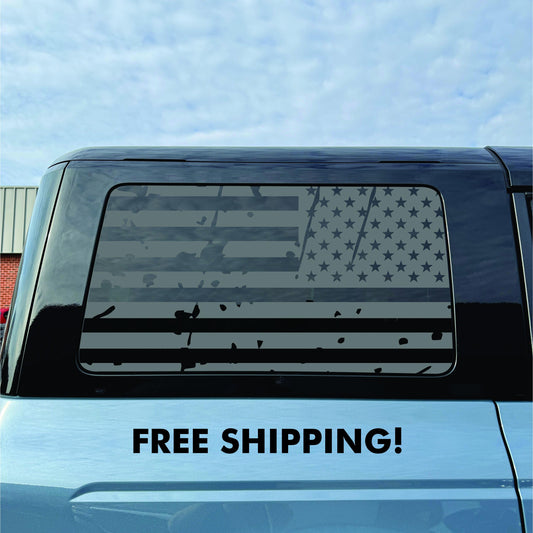 2021–2026 Ford Bronco 4-Door Quarter Window Decal USA Distressed Flag – Matte Black Vinyl