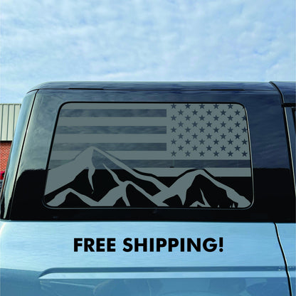 2021–2026 Ford Bronco 4-Door Quarter Window Decal USA Moutain Flag – Matte Black Vinyl