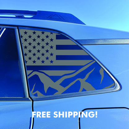 2026 Toyota RAV4 Window Decal  - Matte Black Sticker - US Flag with Mountains
