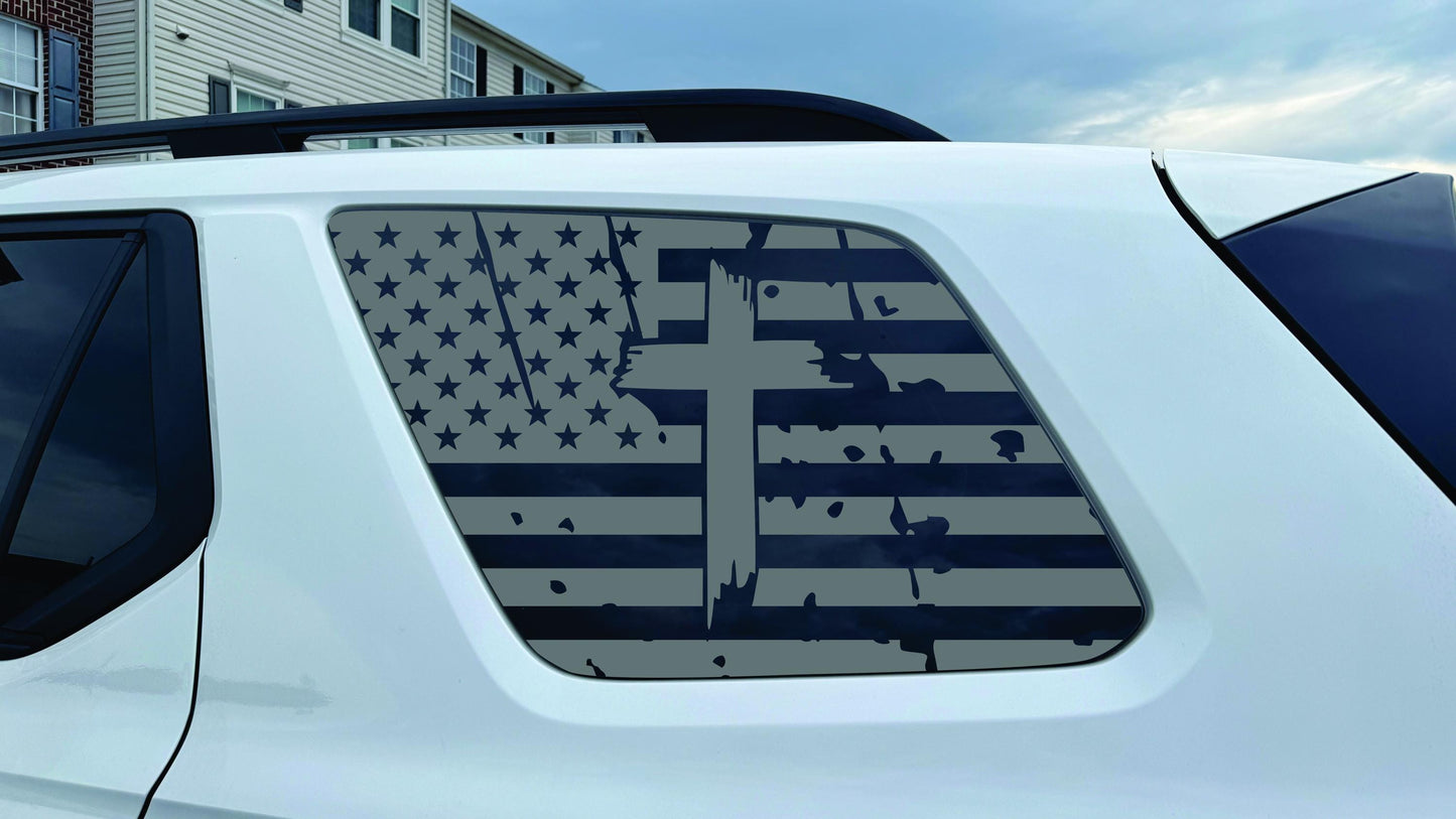 2023–2026 Honda Pilot Quarter Window Decal - Distressed American Flag with Cross – Matte Black Vinyl Sticker