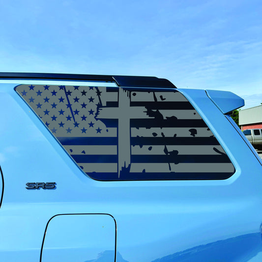2025-2026 Toyota 4Runner - Window Decal - Matte Black Sticker - Distressed US Flag with Cross
