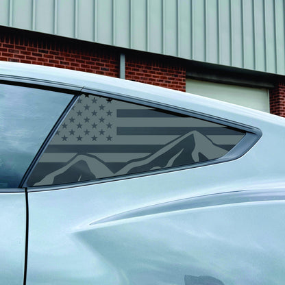 2024-2026 Ford Mustang Accessory - Window Decal - Matte Black Sticker - USA Flag with Mountains