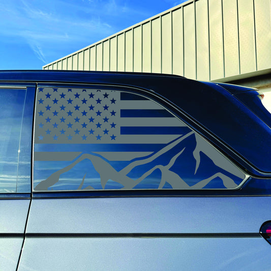 2022-2026 Jeep Grand Cherokee - Window Decal - Matte Black Sticker - US Flag with Mountains