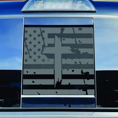 2016-2023 Toyota Tacoma Accessory - Window Decal - Matte Black Sticker - Distressed Cross and USA Flag
